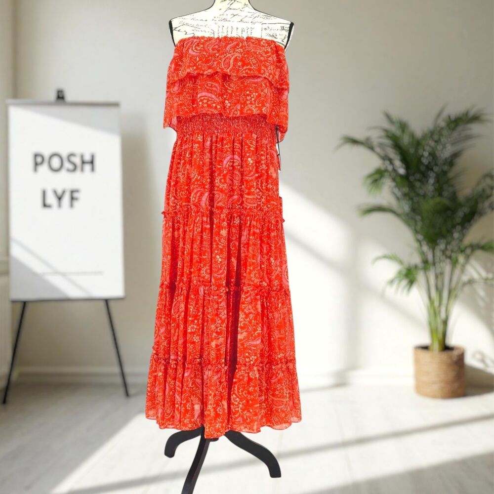 1.State Strapless Tiered Ruffle Midi Dress Orange Large